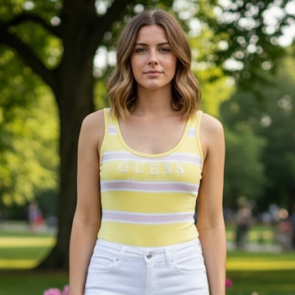 Vintage Guess Yellow & White Striped Bodysuit - Picture 1 of 4